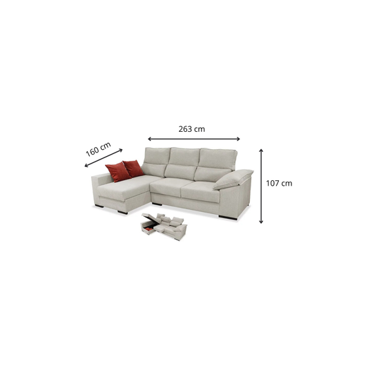 Sofá Chaise Longue VIKA con Arcón Abatible 263 cm – Color Arena