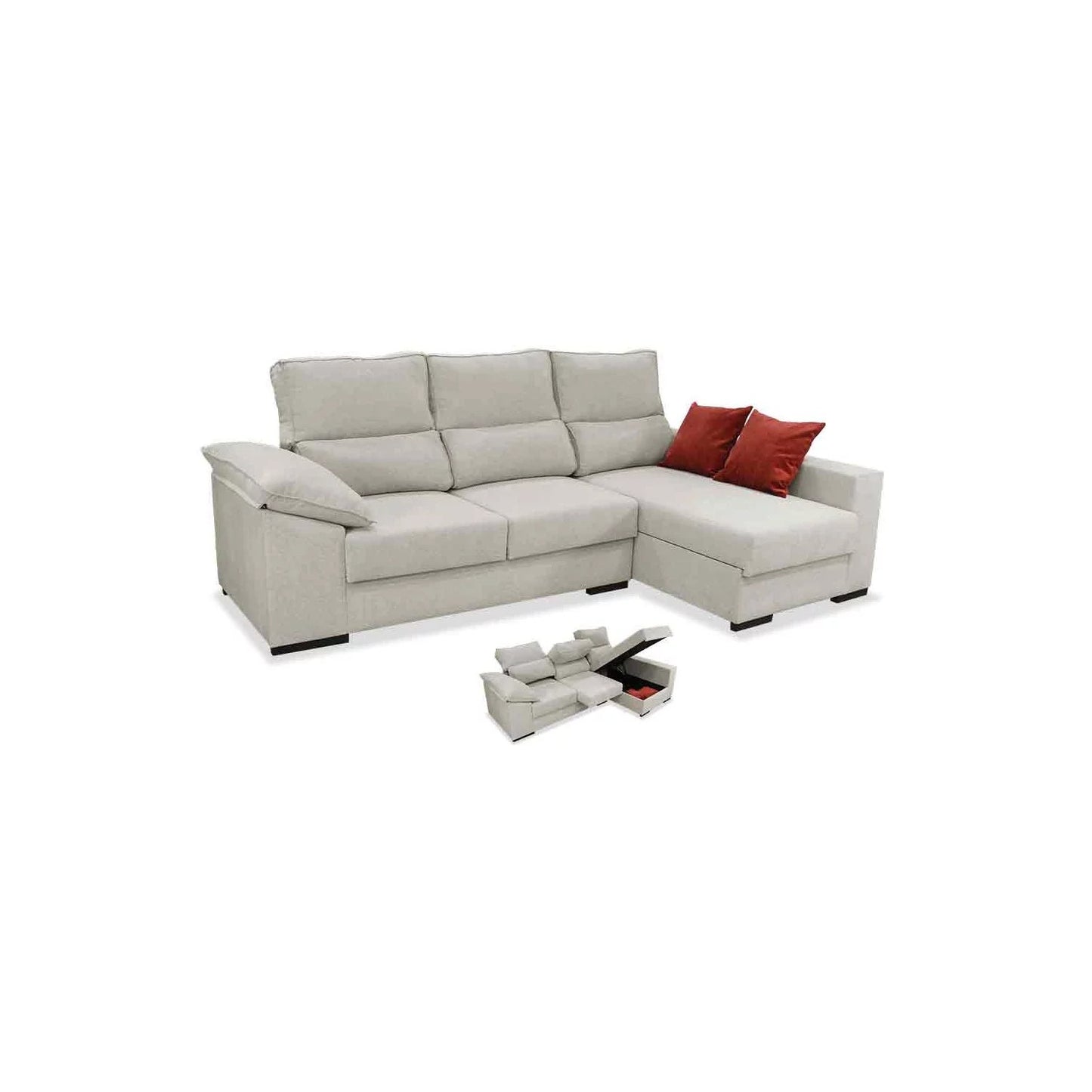 Sofá Chaise Longue VIKA con Arcón Abatible 263 cm – Color Arena