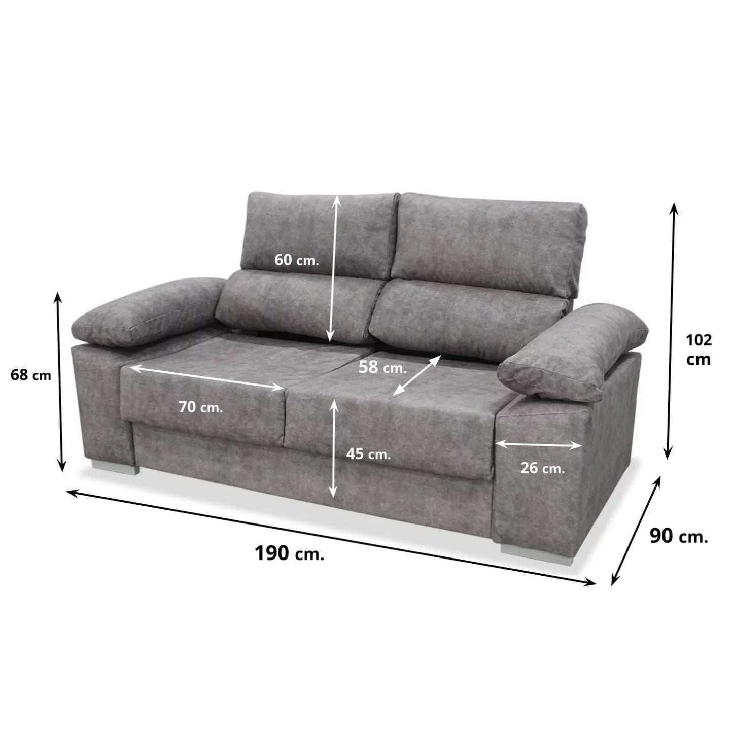 Sofá tres plazas VARO 190 cm reposacabezas reclinables