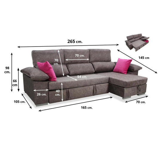 Sofá cama chaise longue derecha KIVO 265 cm con arcón abatible color capuchino.