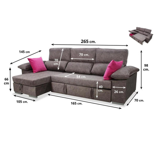 Sofá cama chaise longue izquierda KIVO 265 cm con arcón abatible color capuchino.