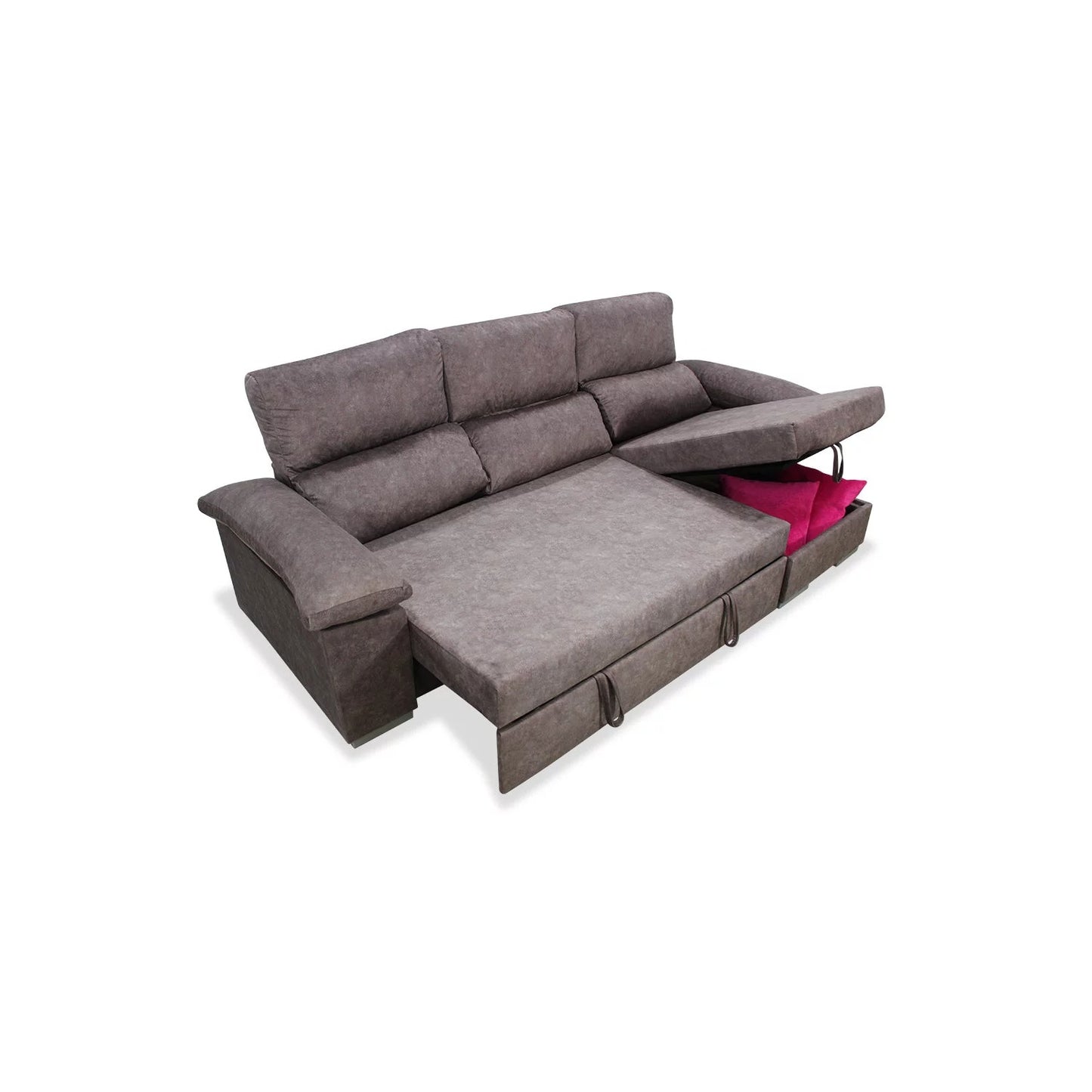 Sofá cama chaise longue derecha KIVO 265 cm con arcón abatible color capuchino.