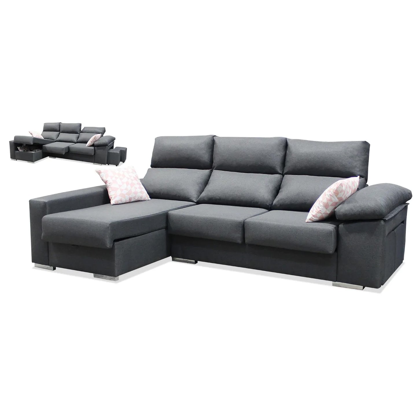 Sofá chaiselongue Madrid 268 cm. reclinable, extensible, arcón abatible y pufs.