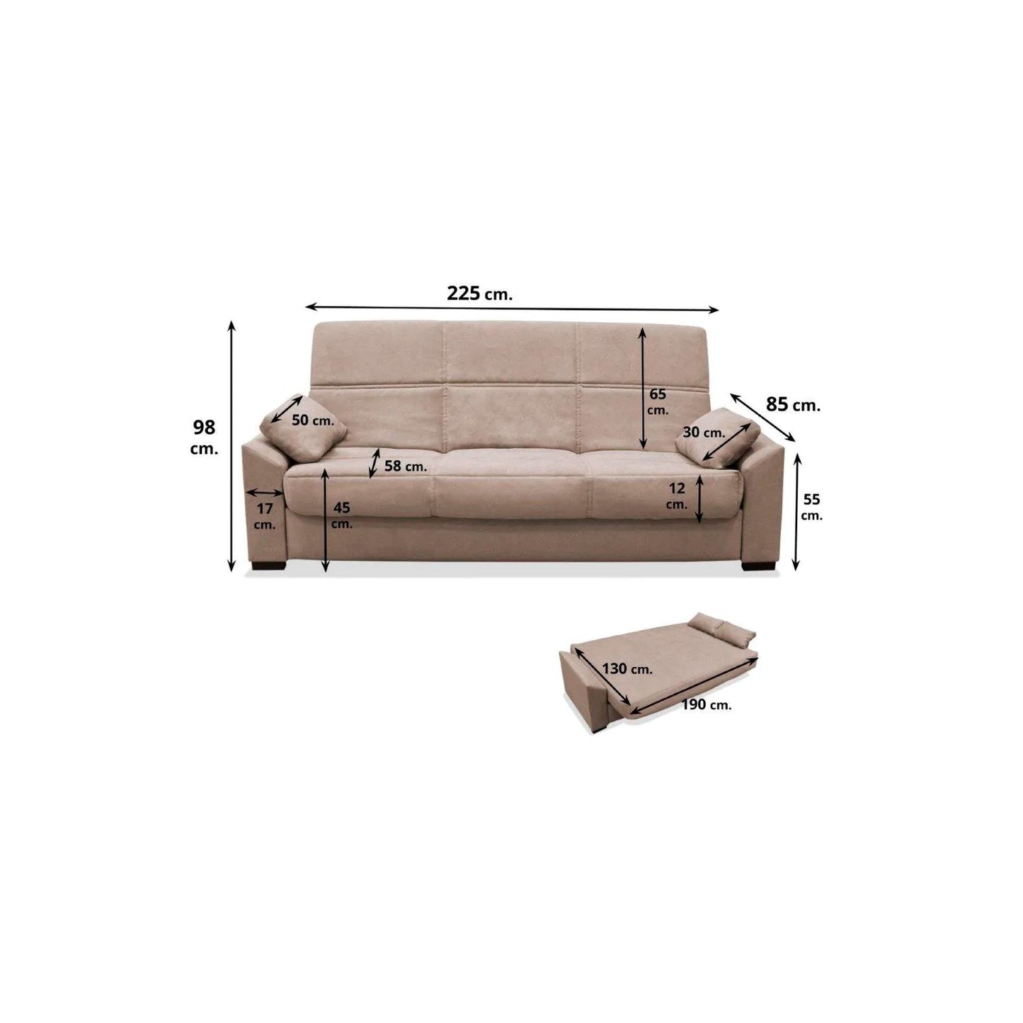 Sofá cama Manuela 225 cm. sistema libro y arcón abatible