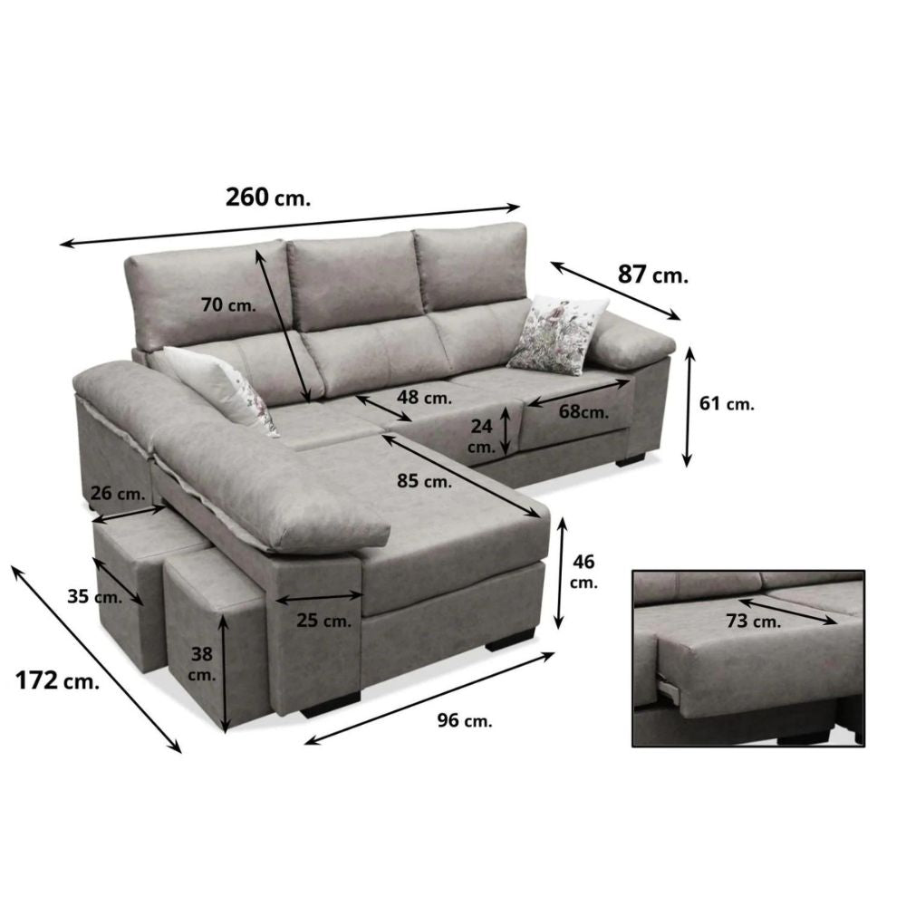 Sofá chaise longue Judith 260 cm.