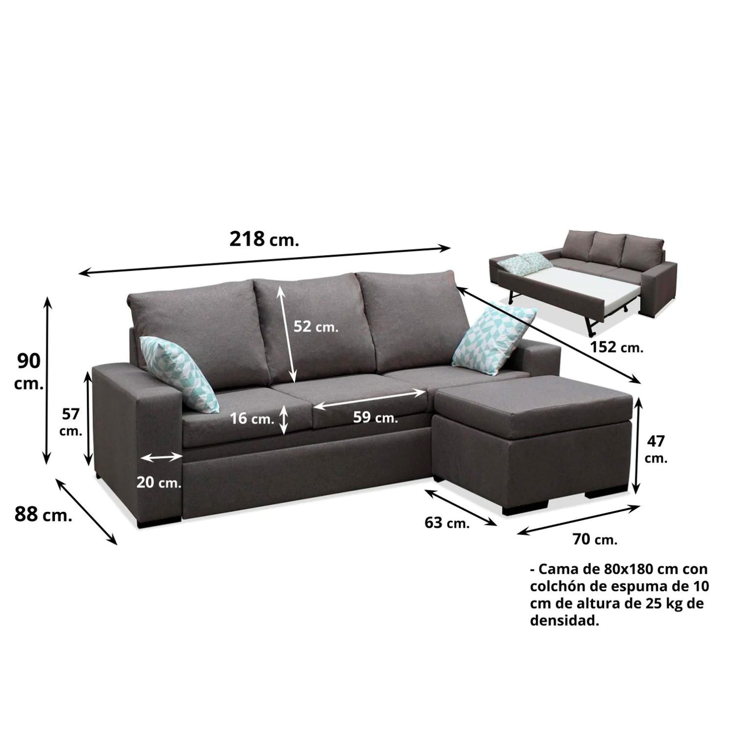 Sofá cama chaise longue Oscar 218 cm