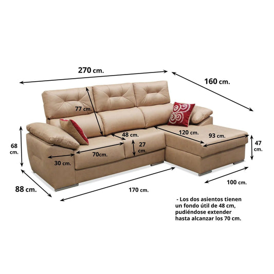 Sofá chaise longue Viena 270 cm.