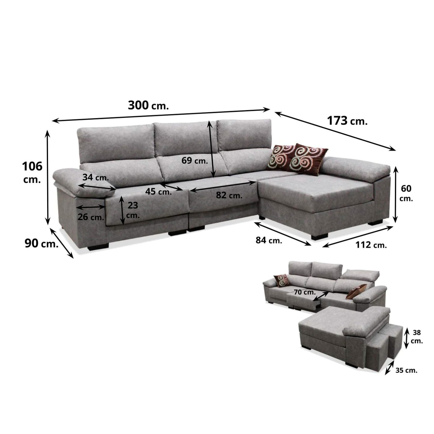 Sofá cheslongue Alicia 300 cm. asientos reclinables y extensible