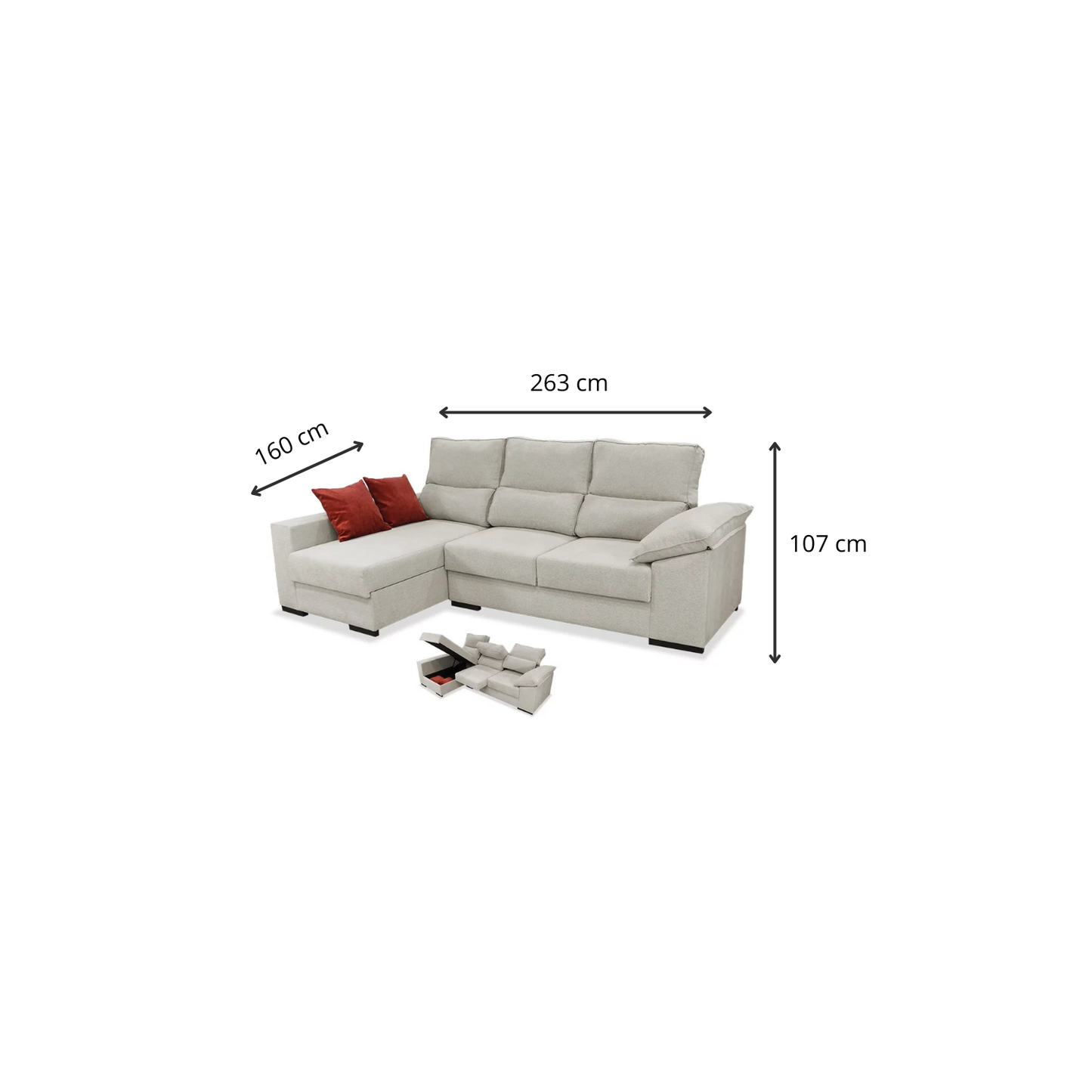 Sofá Chaise Longue VIKA con Arcón Abatible 263 cm – Color Arena