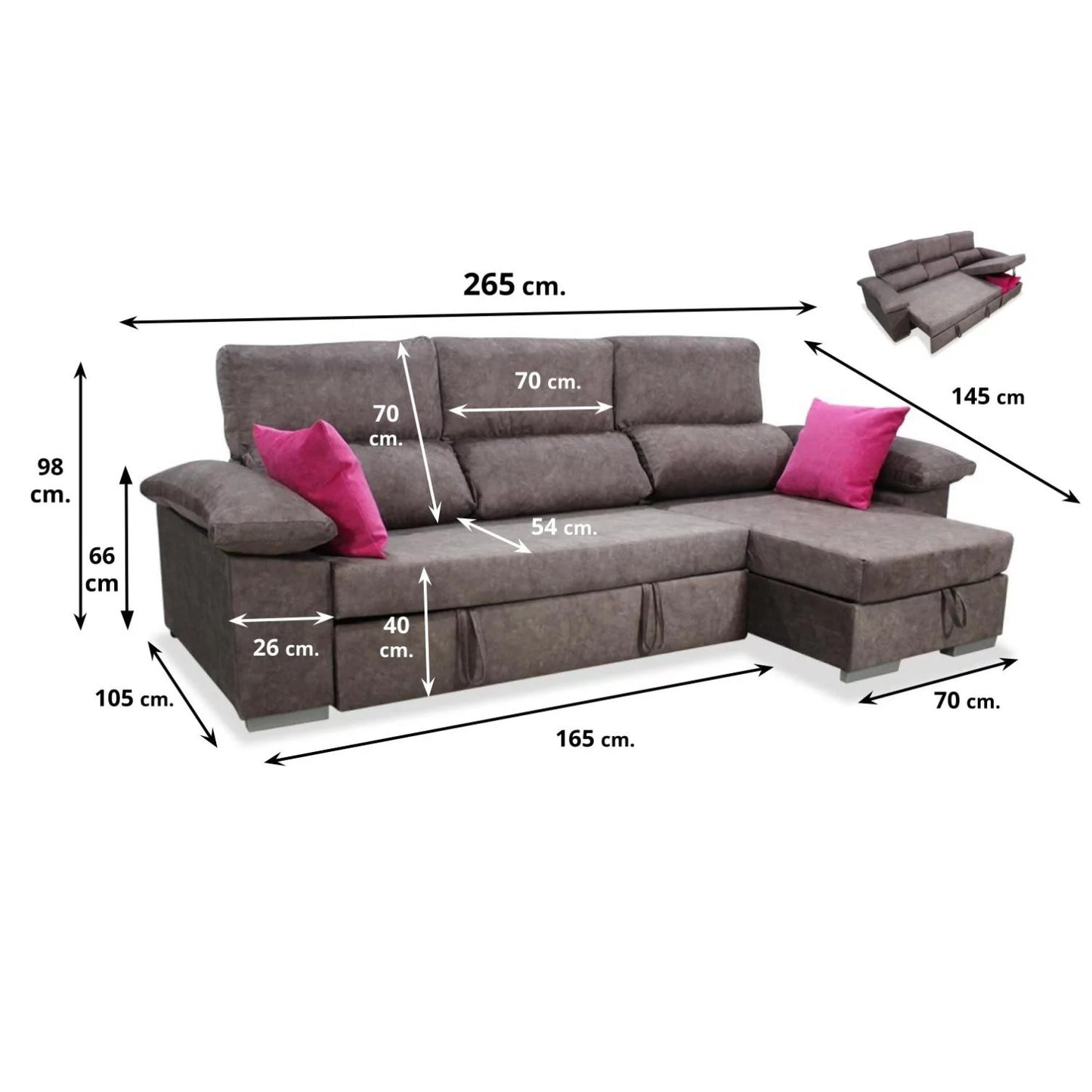 Sofá cama chaise longue derecha KIVO 265 cm con arcón abatible color capuchino.