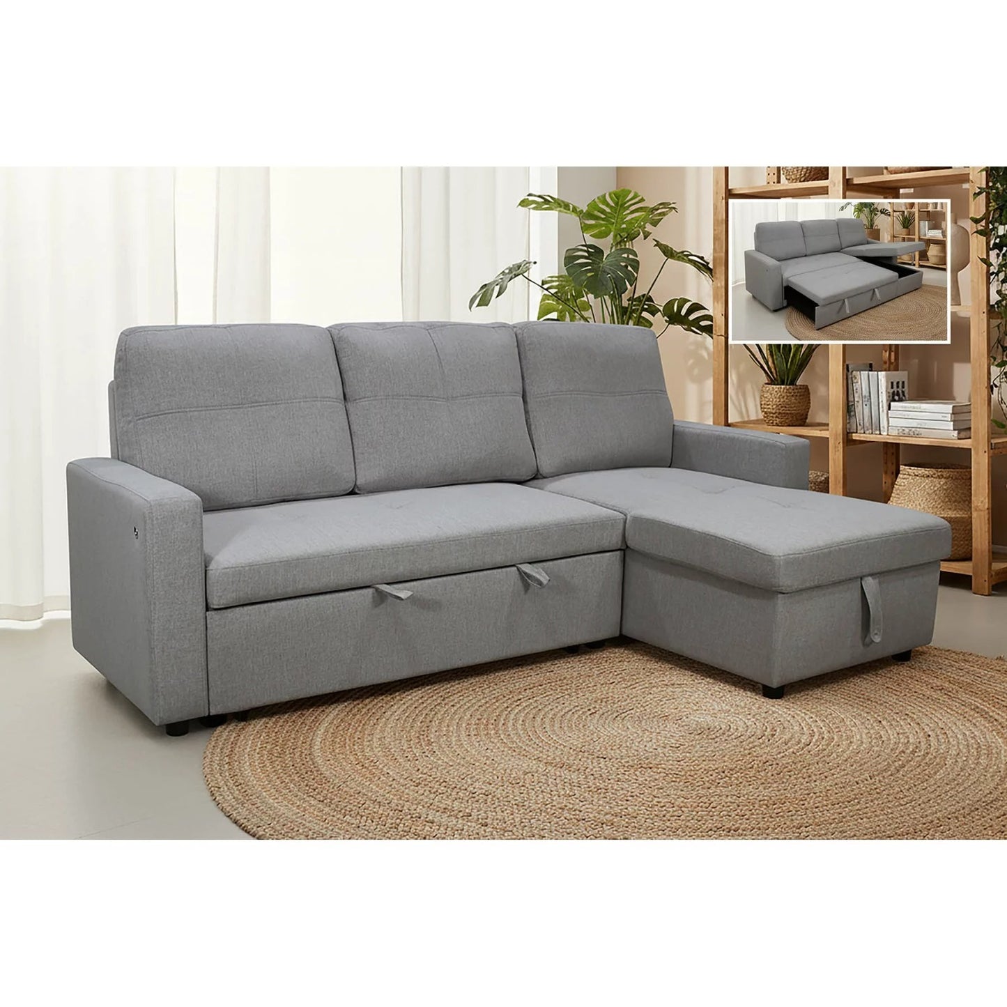 Sofá chaise longue cama con arcón NÖMI gris oscuro 216 cm