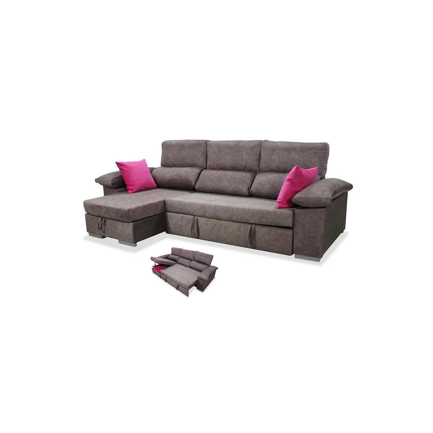 Sofá cama chaise longue izquierda KIVO 265 cm con arcón abatible color capuchino.