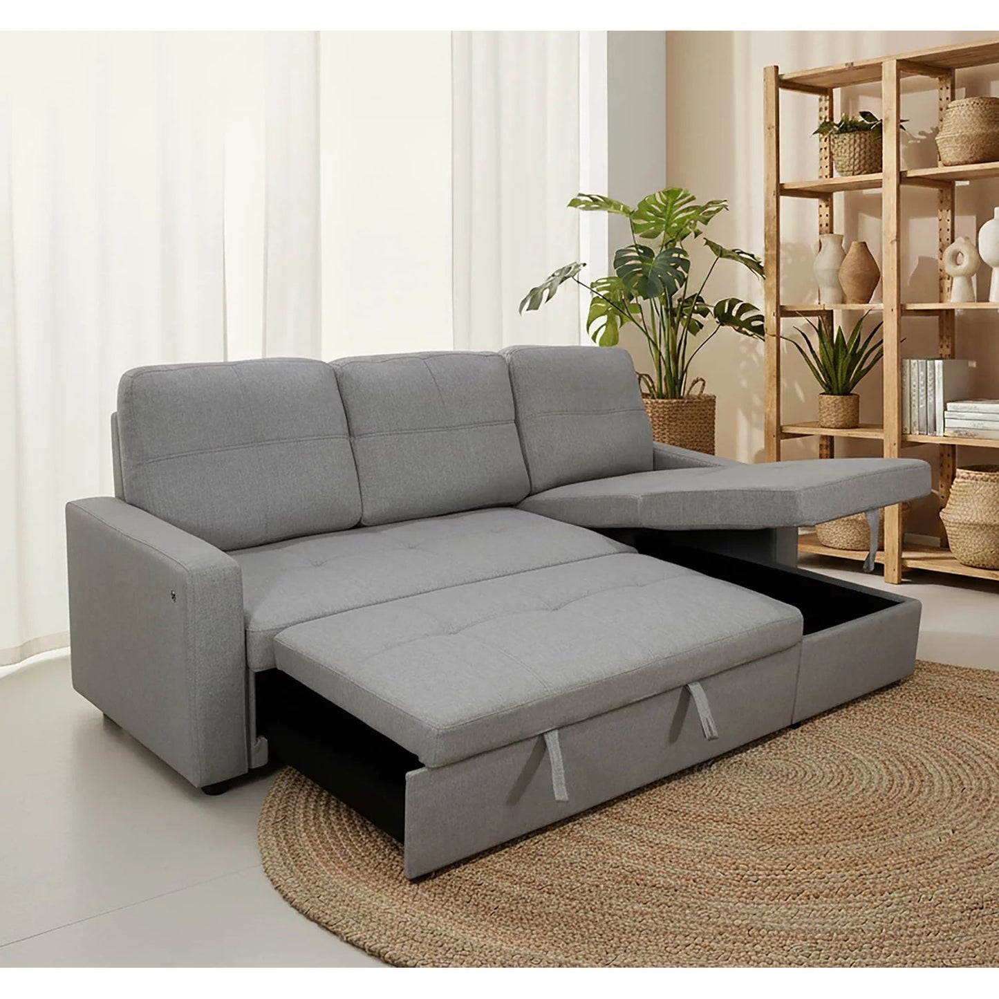 Sofá chaise longue cama con arcón NÖMI gris oscuro 216 cm