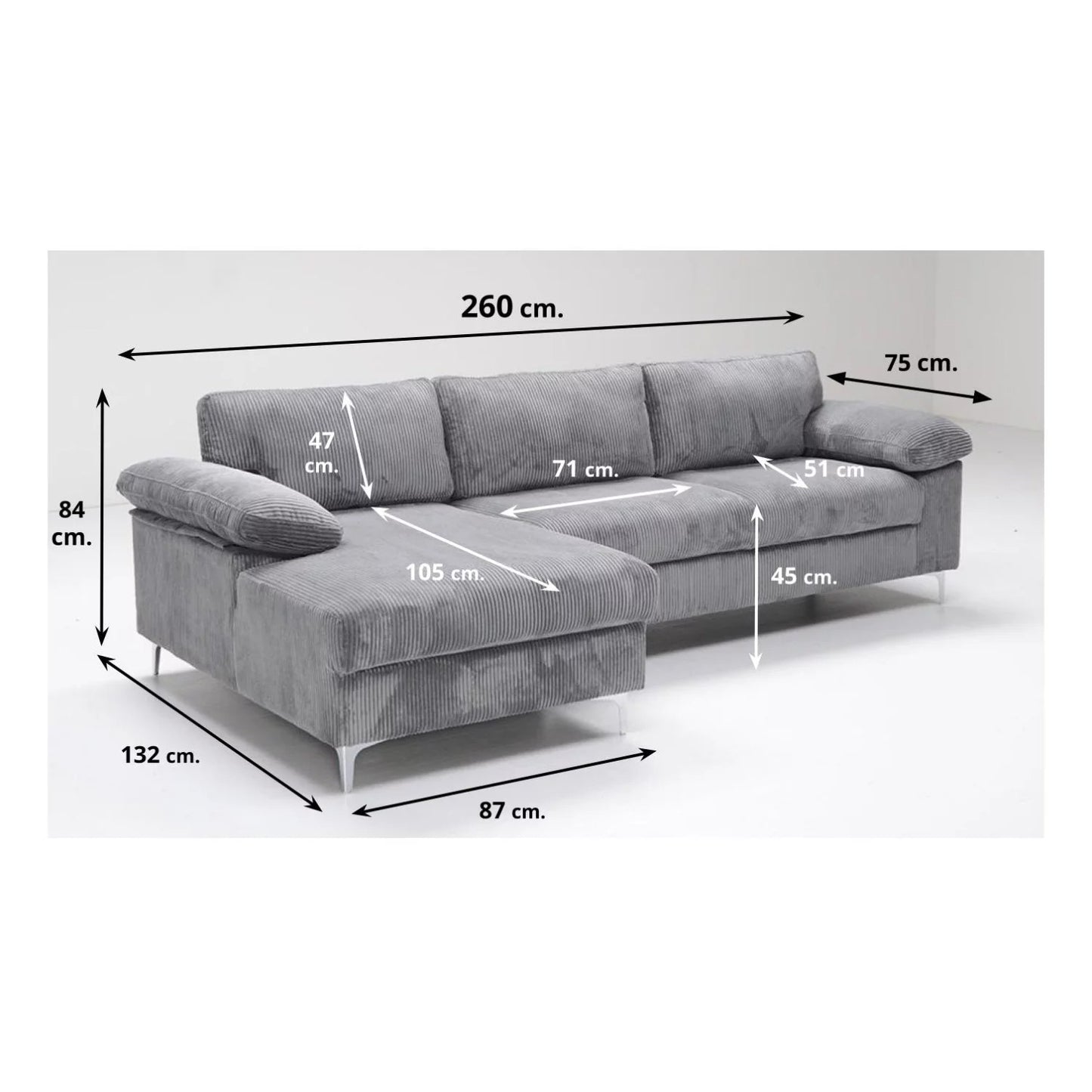 Sofá chaise longue izquierda ZÜMI 260 cm gris