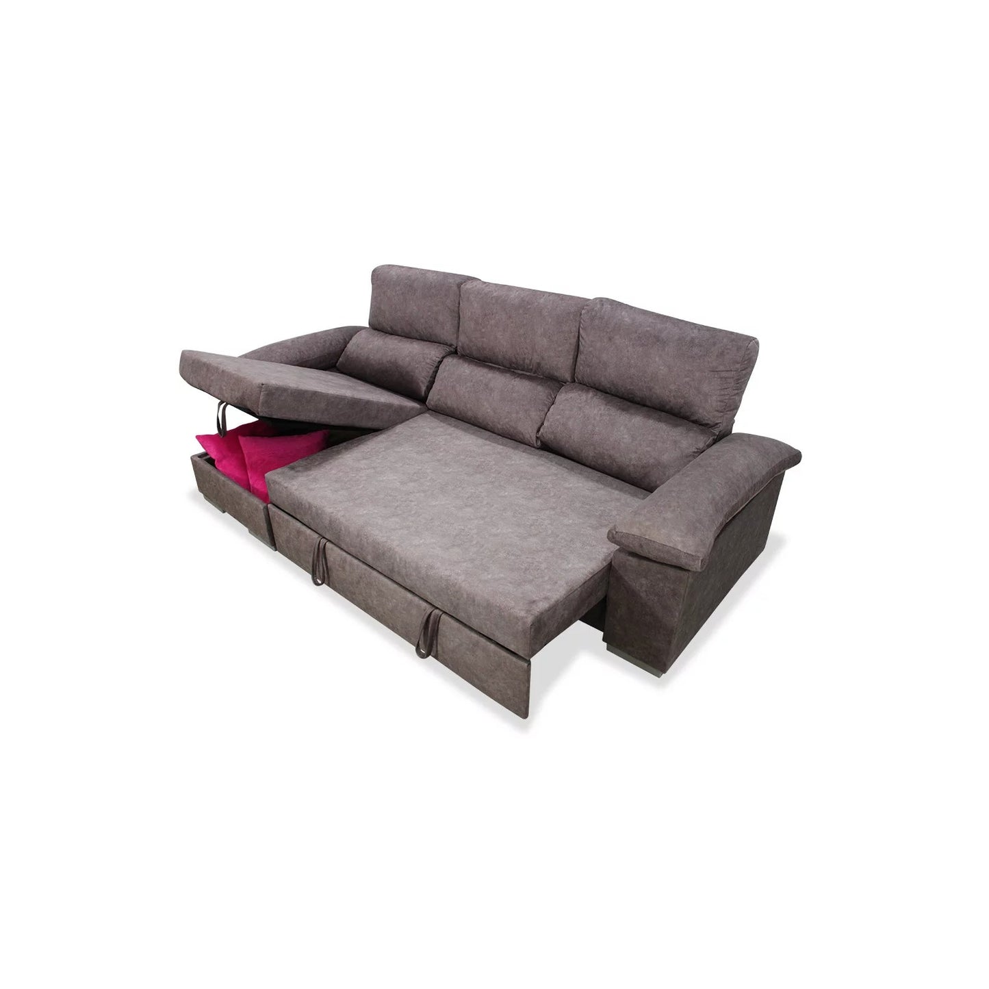 Sofá cama chaise longue izquierda KIVO 265 cm con arcón abatible color capuchino.