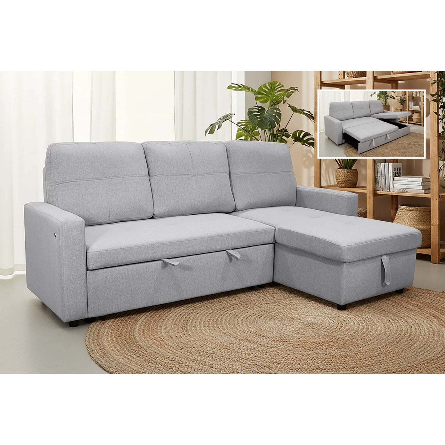 Sofá chaise longue cama gris claro con arcón NÖMI 216 cm