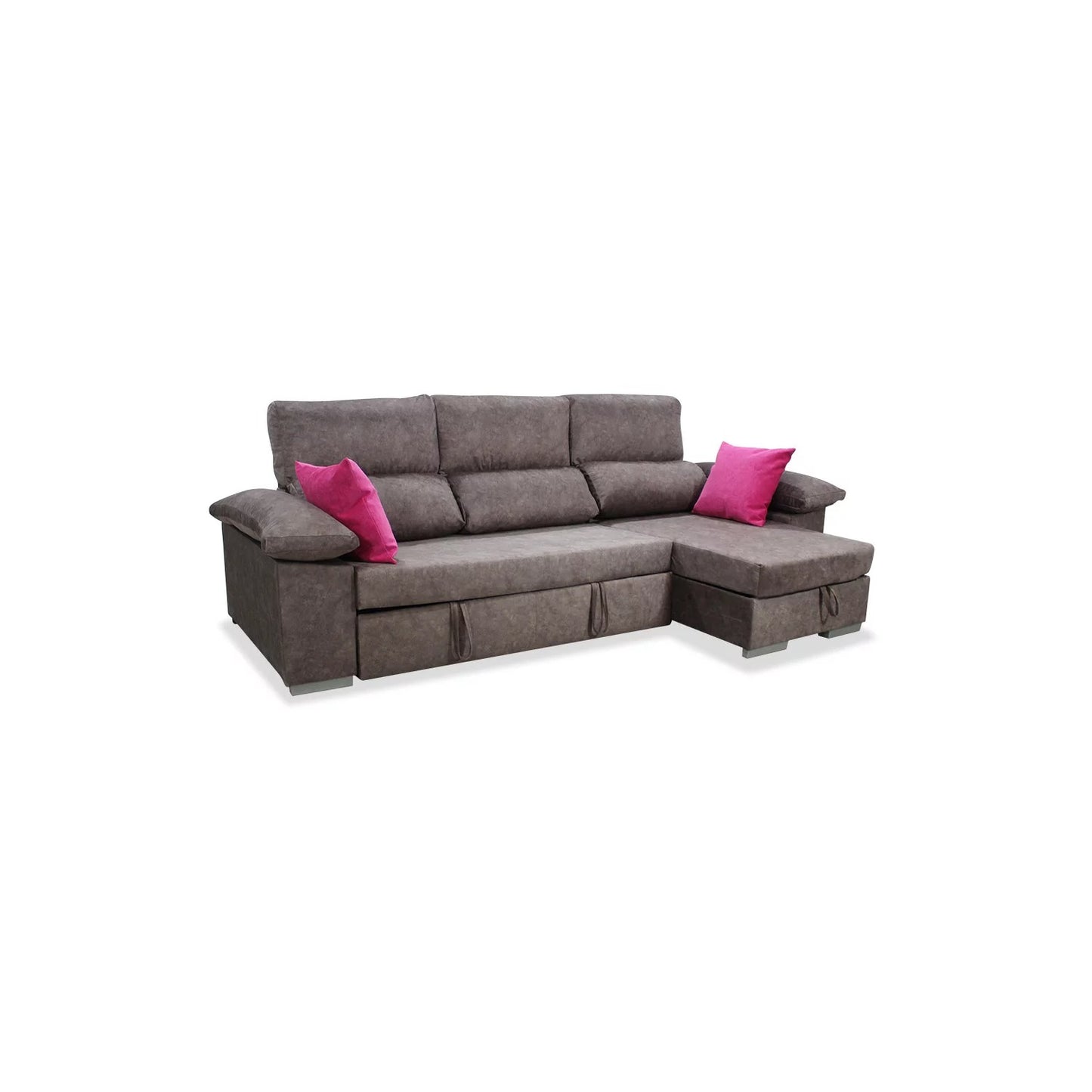 Sofá cama chaise longue derecha KIVO 265 cm con arcón abatible color capuchino.