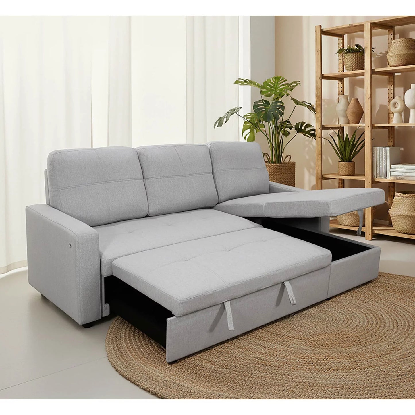 Sofá chaise longue cama gris claro con arcón NÖMI 216 cm