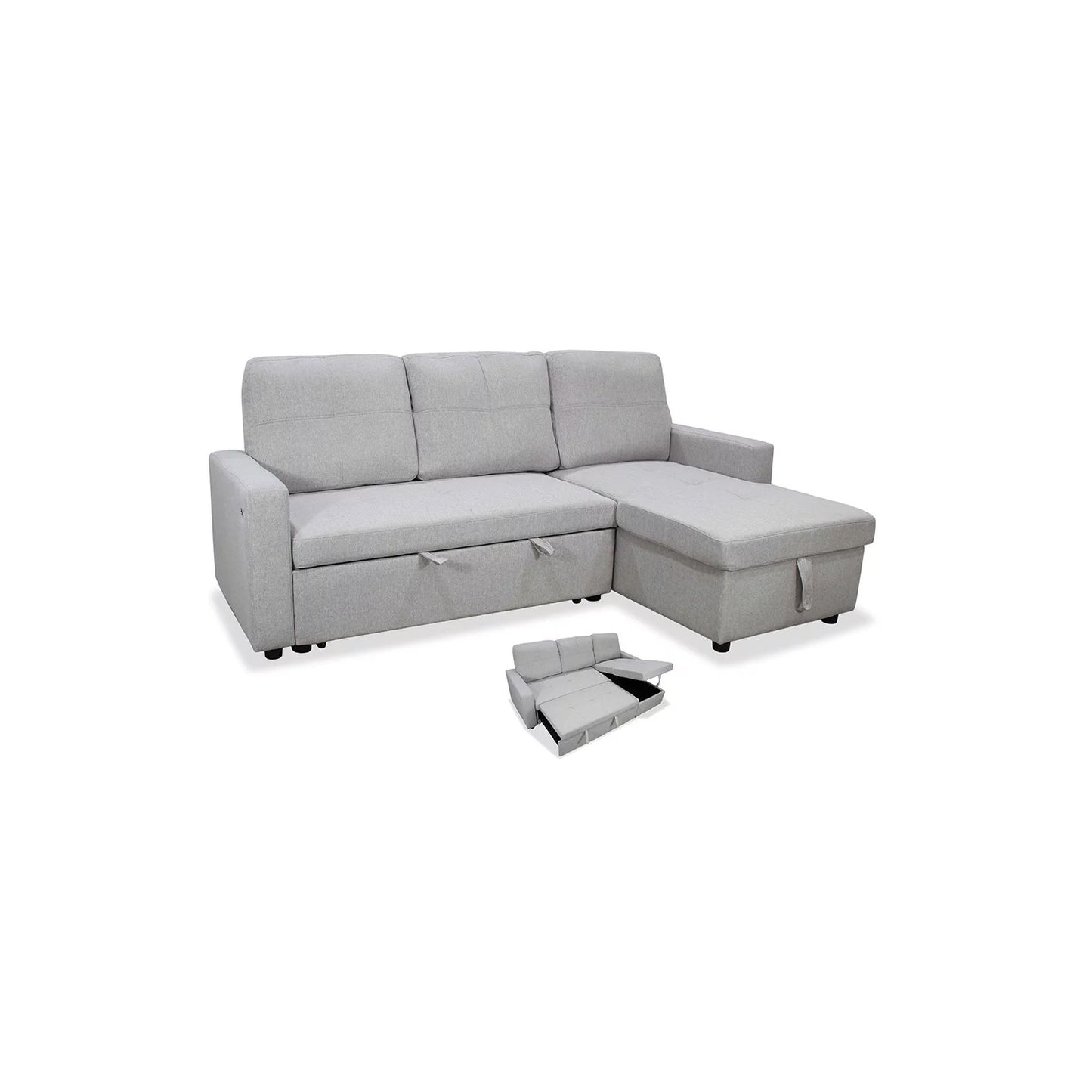 Sofá chaise longue cama gris claro con arcón NÖMI 216 cm