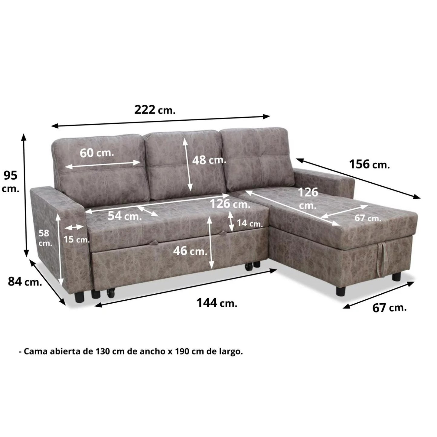 Sofá chaise longue cama RÜMA 222 cm.