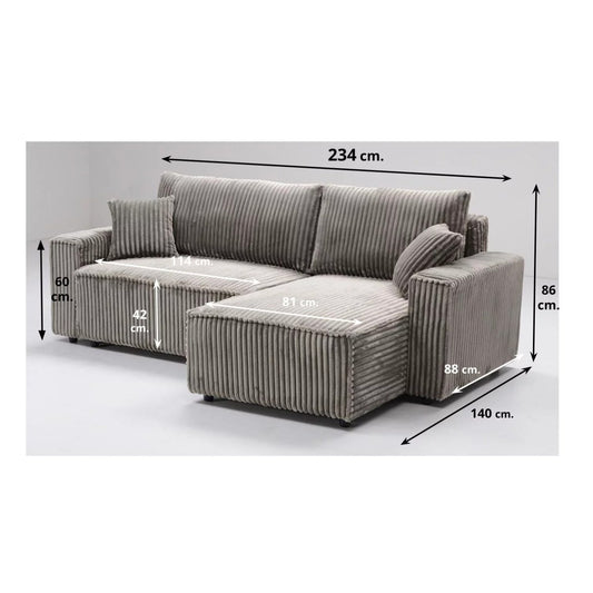 Sofá cama chaise longue LUKA gris de pana 234 cm moderno