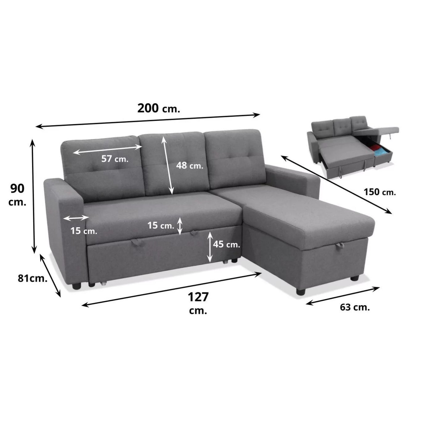 Sofá chaise longue cama LYKA 200 cm.