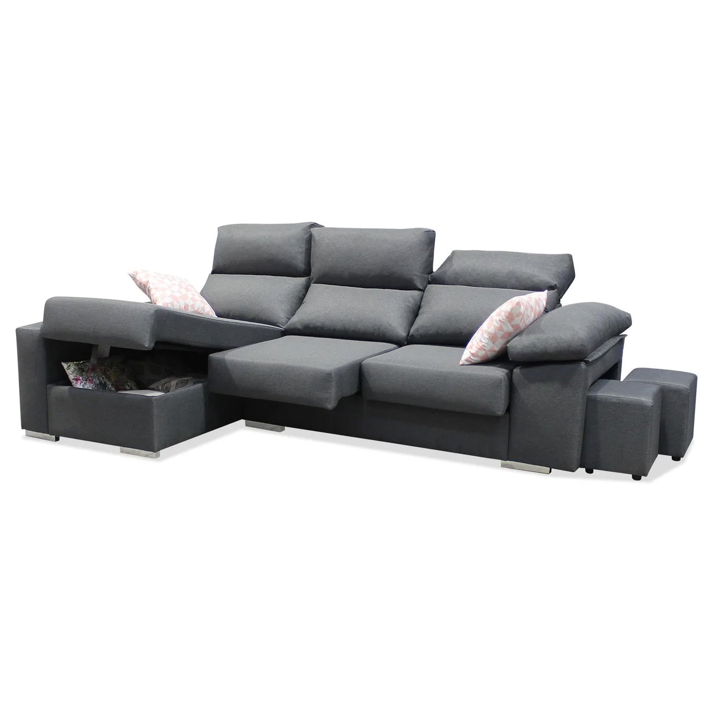 Sofá chaiselongue Madrid 268 cm. reclinable, extensible, arcón abatible y pufs.