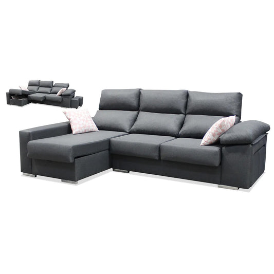 Sofá chaiselongue Madrid 268 cm. reclinable, extensible, arcón abatible y pufs.