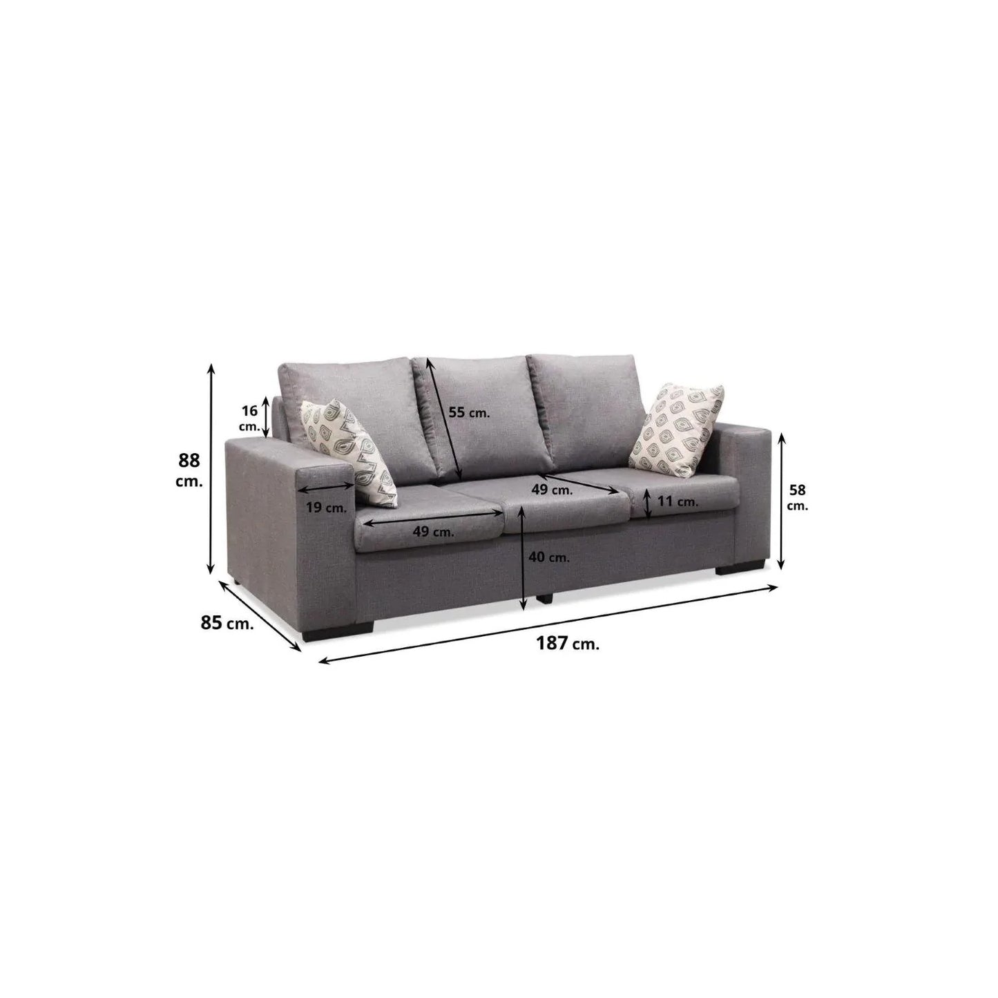 Sofá 3 plazas Belén color gris 187 cm. Microfibra lavable