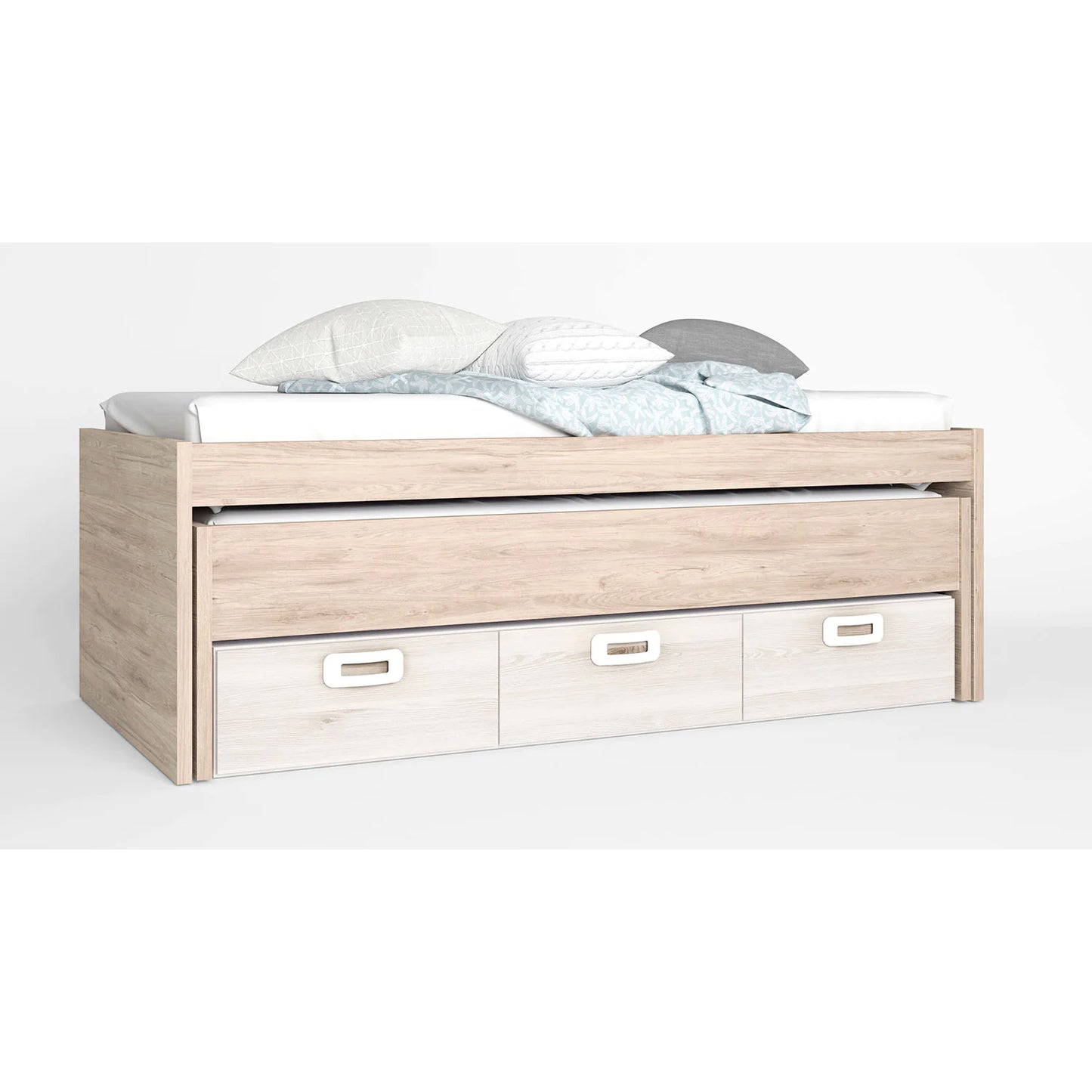 Cama compacta juveniles con 2 camas y 3 cajones en colores blanco-nordic