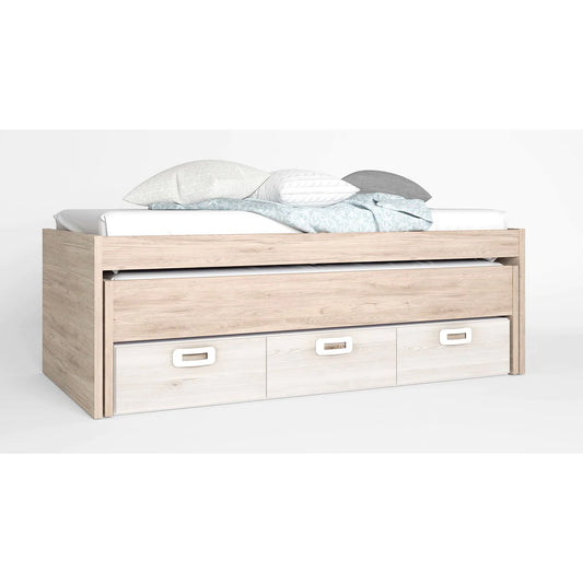 Cama compacta juveniles con 2 camas y 3 cajones en colores blanco-nordic