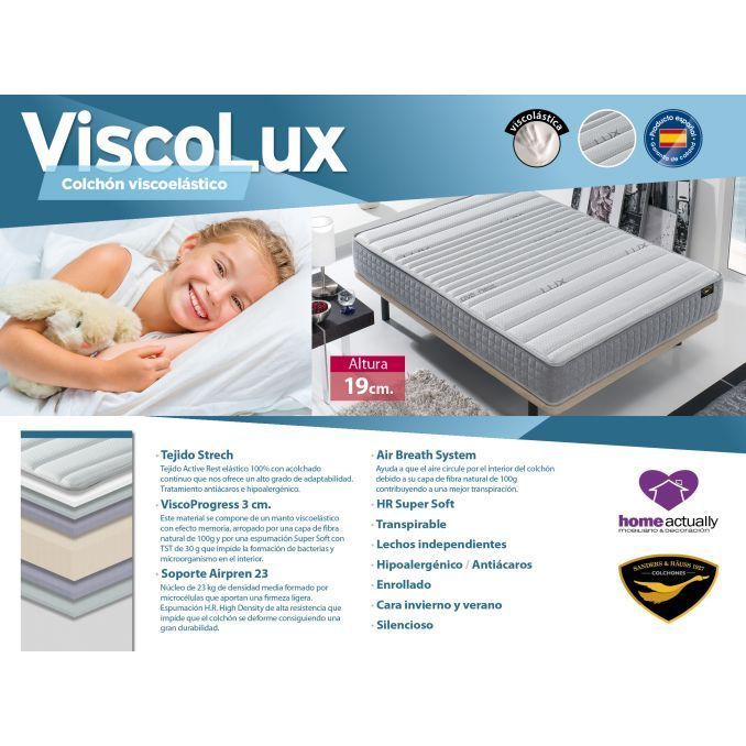 Colchón viscoelástico ViscoLux 90x190 Altura 19 cm.