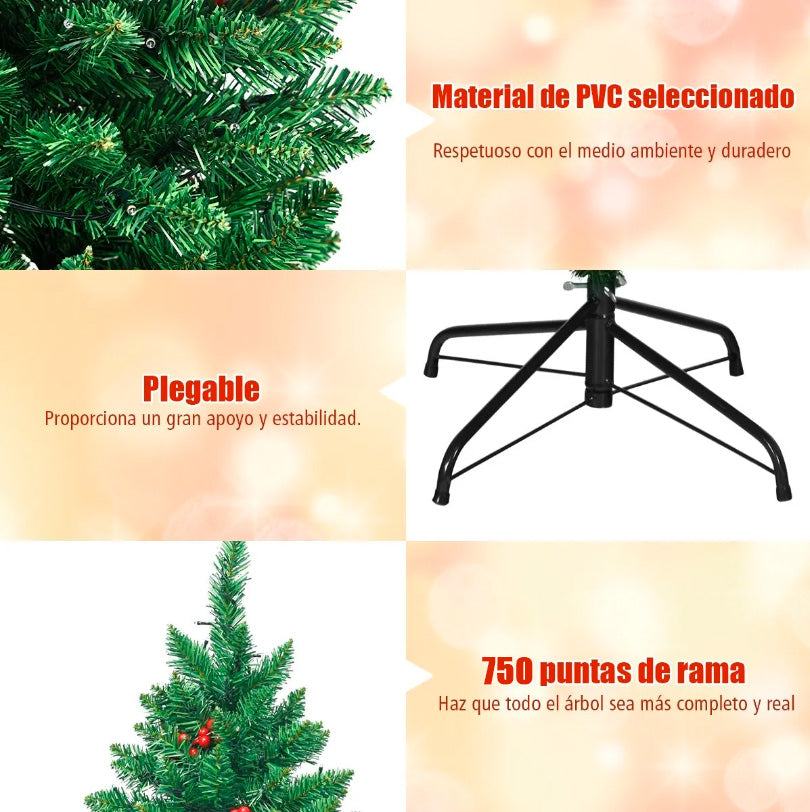 Árbol navidad 180cm y 750 ramas Luxury con adornos piñas y bayas