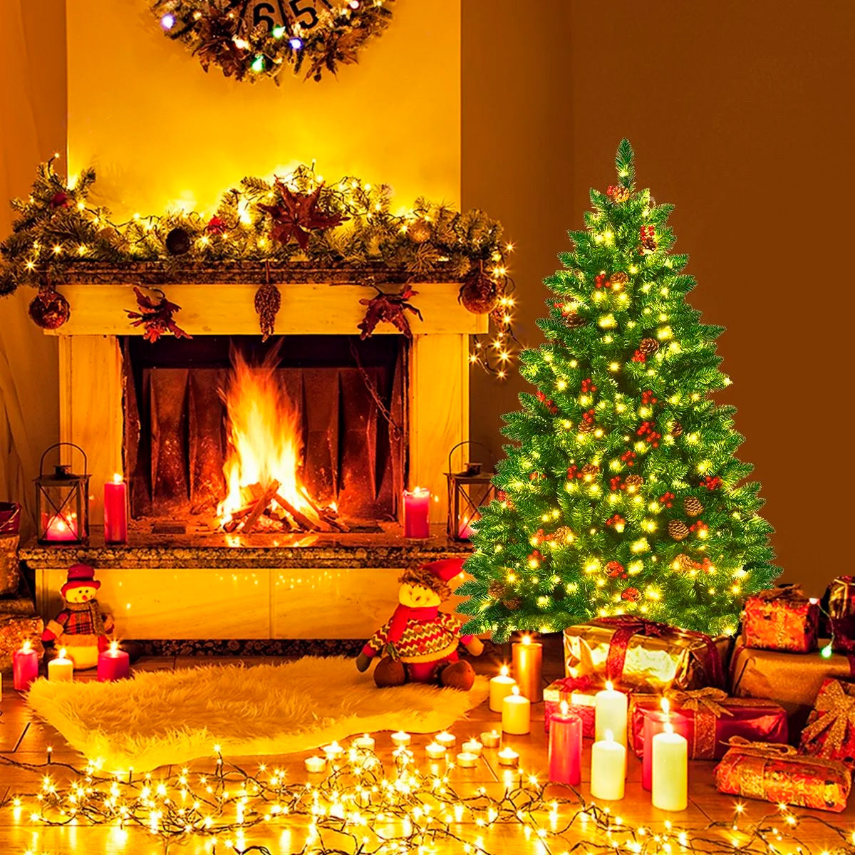 Árbol navidad 180cm y 750 ramas Luxury con adornos piñas y bayas