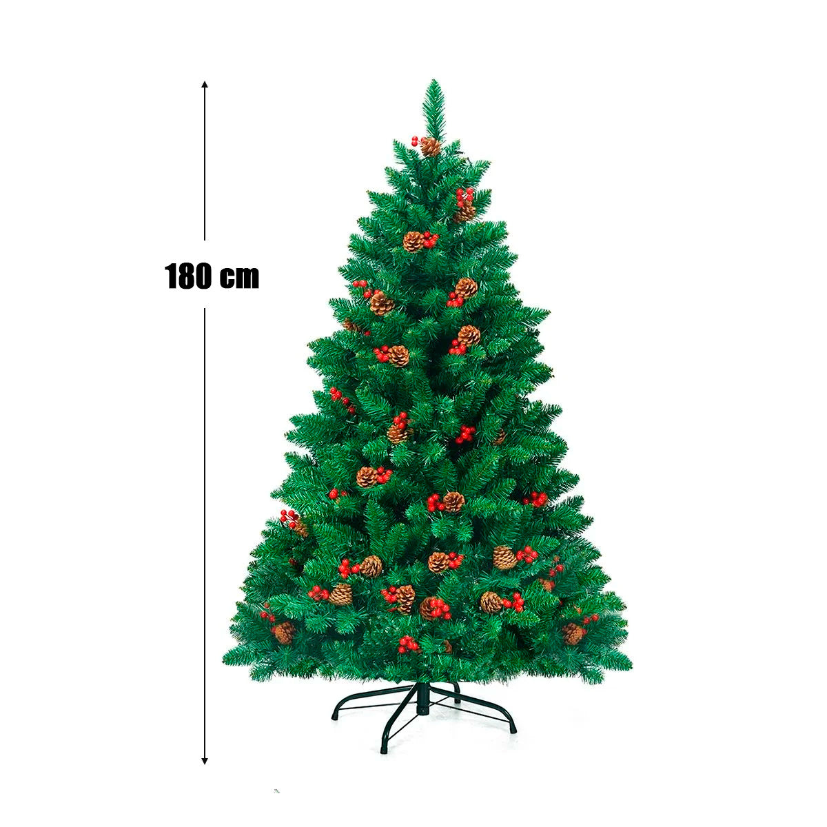 Árbol navidad 180cm y 750 ramas Luxury con adornos piñas y bayas