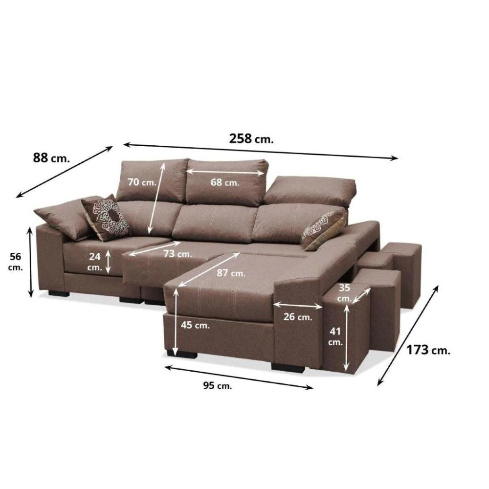 Sofá chaise longue Amelia choco multipufs 260 cm