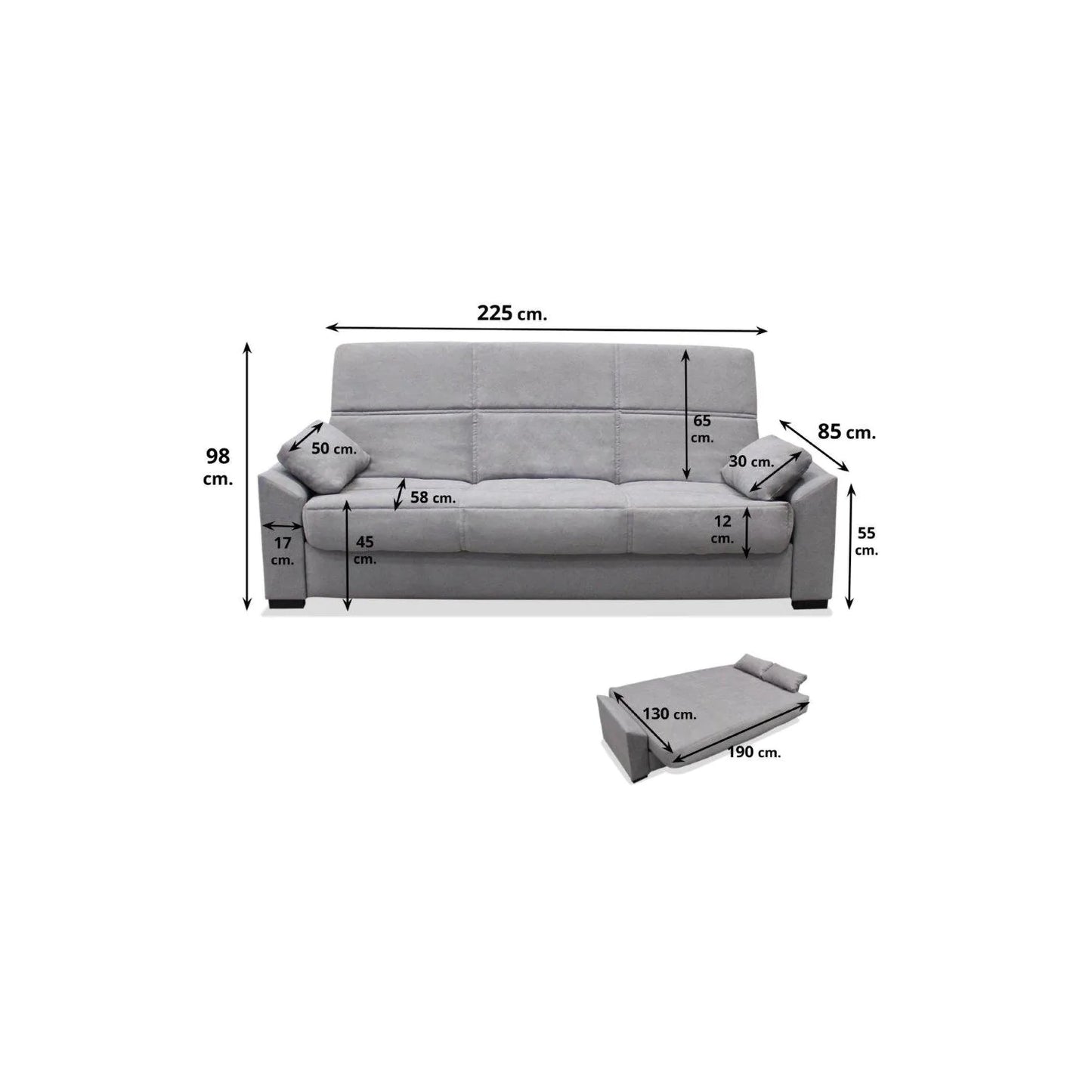 Sofá cama Manuela 225 cm. sistema libro y arcón abatible