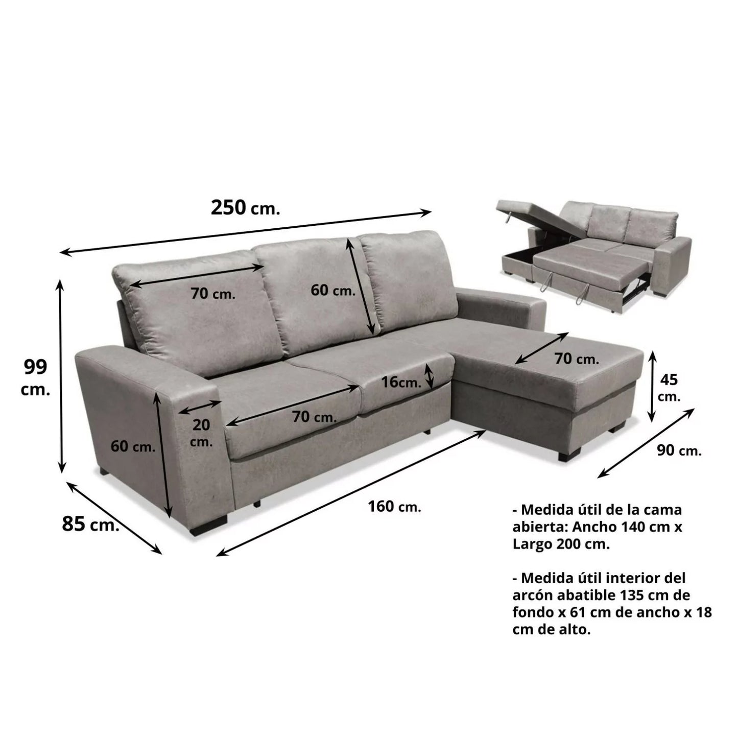Sofá chaise longue cama Nápoles 255 cm